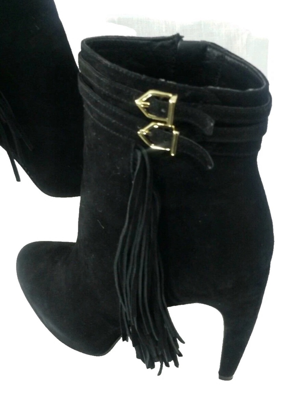 SAM EDELMAN Women 7M Black Suede Fringe High Heel Ankle Boots/Gold Metal Trim